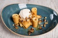 European pancakes, crepes, with honey and fried wallnuts