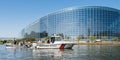 European Parliament facade building with Police Gendarmerie boat