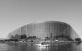 European Parliament facade building with Police Gendarmerie boat