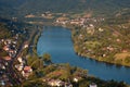 European river Elbe in Dolni Zalezly and Sebuzi villages when viewed from Mlynaruv kamen lookout in czech central mountains touris