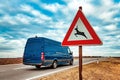 European road caution sign deer crossing Royalty Free Stock Photo