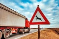 European road caution sign deer crossing Royalty Free Stock Photo