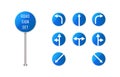 European road signs set . Blue rounded road sign set with arrows . Pointer signs set Royalty Free Stock Photo