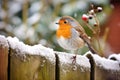 A European robin perching on a garden fence Royalty Free Stock Photo