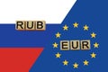 European and russian currencies codes on national flags background