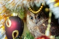 European scops owl, Otus scops, sitting on a branchsitting on a Christmas tree near Christmas toys Royalty Free Stock Photo