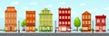 European shopping street. Cartoon city, cute house facade exterior. Shop and cafe, buildings seamless pattern. Town