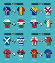 European soccer play-off draw 2020 . Group of international teams . Football jersey with waving country flag pattern . Blue theme