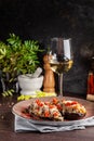 European Spanish cuisine. Baked eggplants with meat and vegetables, parmesan cheese. White wine on the table. Close-up background