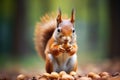 European squirrel close-up eating nuts Royalty Free Stock Photo