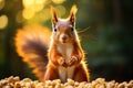 European squirrel close-up eating nuts Royalty Free Stock Photo