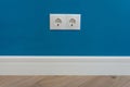 European standard 220 volt wall electrical outlet on wall with baseboard and hardwood floor