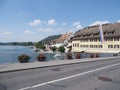 European STEIN am RHEIN town in SWITZERLAND seen from bridge over Rhine River landscape in swiss canton of Schaffhausen Royalty Free Stock Photo