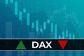 European stock market index DAX ticker DAX on blue financial background from numbers, graphs, pillars, candles, bars. Trend Up Royalty Free Stock Photo