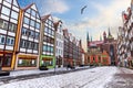 European street of Gdansk with colorful facades, Four Quarters Fountain, Royal Chapel and the Basilica of the Assumption