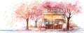 European-style coffee shop on the street with cherry trees