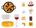 European tasty food cuisine dinner food showing delicious elements flat vector illustration.