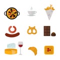 European tasty food cuisine dinner food showing delicious elements flat vector illustration.