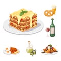 European tasty food cuisine dinner food showing delicious elements flat vector illustration.