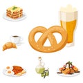 European tasty food cuisine dinner food showing delicious elements flat vector illustration.