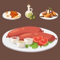 European tasty food cuisine dinner food showing delicious elements flat vector illustration.