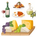 European tasty food cuisine dinner food showing delicious elements flat vector illustration.