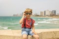 European tourist family with children, visiting Tel Aviv, Israel, enjoying day walk Royalty Free Stock Photo