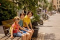 European tourist family with children, visiting Tel Aviv, Israel, enjoying day walk Royalty Free Stock Photo