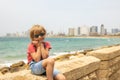 European tourist family with children, visiting Tel Aviv, Israel, enjoying day walk Royalty Free Stock Photo