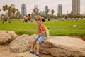 European tourist family with children, visiting Tel Aviv, Israel, enjoying day walk Royalty Free Stock Photo