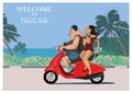 European tourist rides a scooter with a Thai beautiful girl. Thailand - vector illustration.