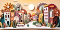 European town, paper art collage, vibrant layered colored paper, travel banner, AI generative