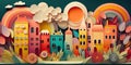 European town, paper art collage, vibrant layered colored paper, travel banner, AI generative