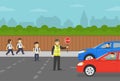 European traffic police officer holding a stop sign and stopping the flow of traffic. Helping school children to cross the road. Royalty Free Stock Photo