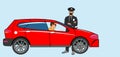 European traffic police officer pulls over a red car on a city road. Do not start arguments or act irritated or