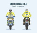 European traffic police officer riding a motorcycle. Front and back view.