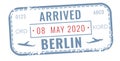 European travel label. Grunge passport arriving stamp
