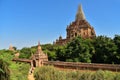 European travellers sitting on paveway along pagodas while travel in Bagan ancient city, Mandalay, Myanmar, Asia