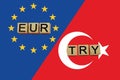 European and turkish currencies codes on national flags background Royalty Free Stock Photo