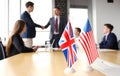 European Union and American leaders shaking hands on a deal agreement. Royalty Free Stock Photo