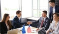 European Union and American leaders shaking hands on a deal agreement. Royalty Free Stock Photo