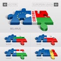 European Union and Belarus, Bulgaria, Poland, Hungary, Moldavia Flag. 3d vector puzzle. Set 03. Royalty Free Stock Photo