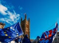 European Union and British Union Jack flag flying in front of Houses of Parliament at Westminster Palace, London Royalty Free Stock Photo