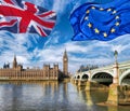 European Union and British Union flag flying against Big Ben in London, England, UK, Stay or leave, Brexit