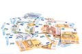 European union currency euro banknotes bills background. 2, 10, 20 and 50 euro. Concept success rich economy. On white background Royalty Free Stock Photo