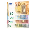 European union currency euro banknotes bills background. 2, 10, 20 and 50 euro. Concept success rich economy. On white background Royalty Free Stock Photo