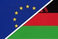 European Union or EU and Malawi national flag from textile. Symbol of the Council of Europe association