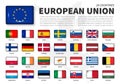 European union EU and membership flag . Association of 28 countries . Round angle shiny rectangle button and europe map