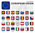 European union EU and membership flag . Association of 28 countries . Round angle shiny square button and europe map