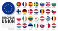 European union . EU and membership flags . Flat circle element design . White isolated background and europe map . Vector